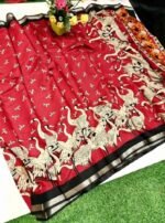 Women's Linen Kalamkari Printed Saree With Unstitched Blouse - 5.5 Mtr (Red-Black)