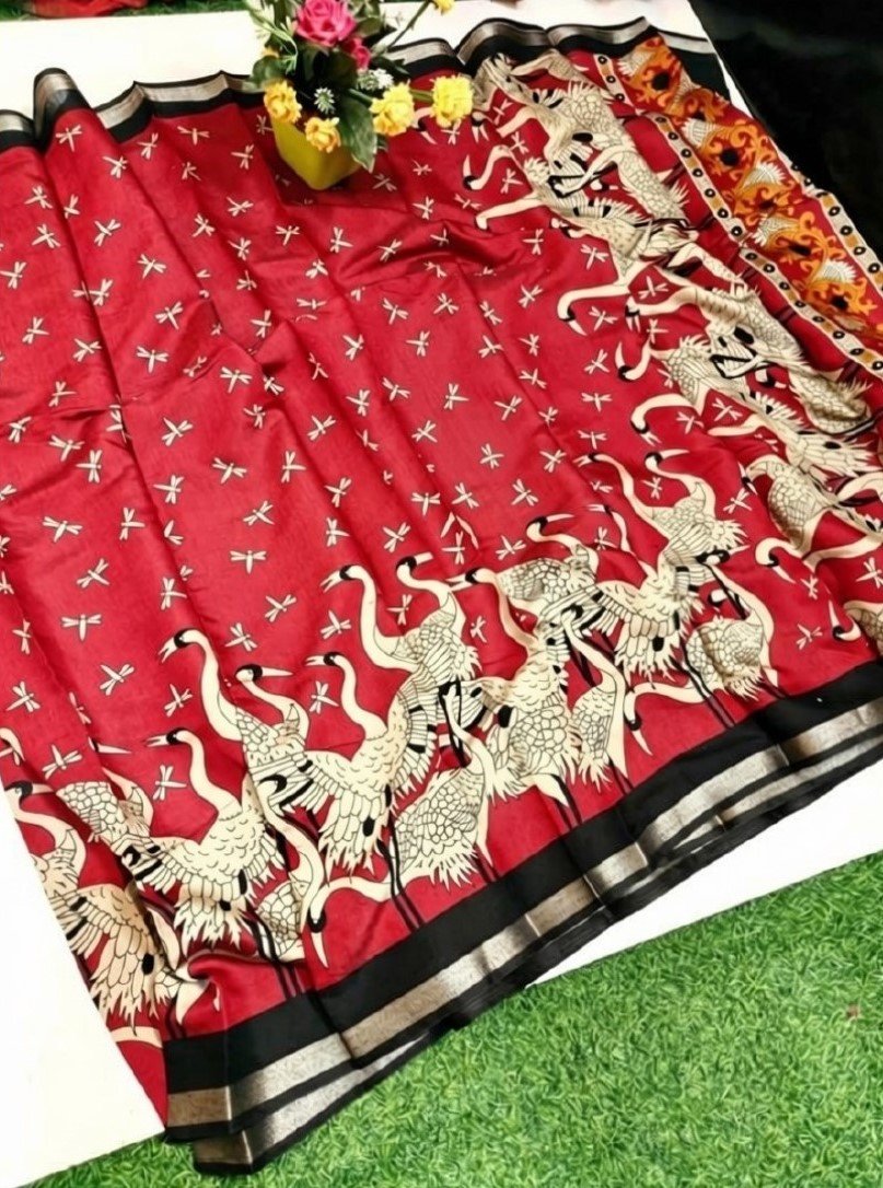 PID-68096-Women-s-Linen-Floral-Printed-Saree-With-Unstitched-Blouse-5-5-Mtr-Red-1.jpg Women's Linen Kalamkari Printed Saree With Unstitched Blouse - 5.5 Mtr (Red-Black) - Image 1