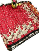 Women's Linen Kalamkari Printed Saree With Unstitched Blouse - 5.5 Mtr (Red-Black) - Image 2