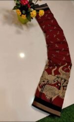 Women's Linen Kalamkari Printed Saree With Unstitched Blouse - 5.5 Mtr (Red-Black) - Image 3