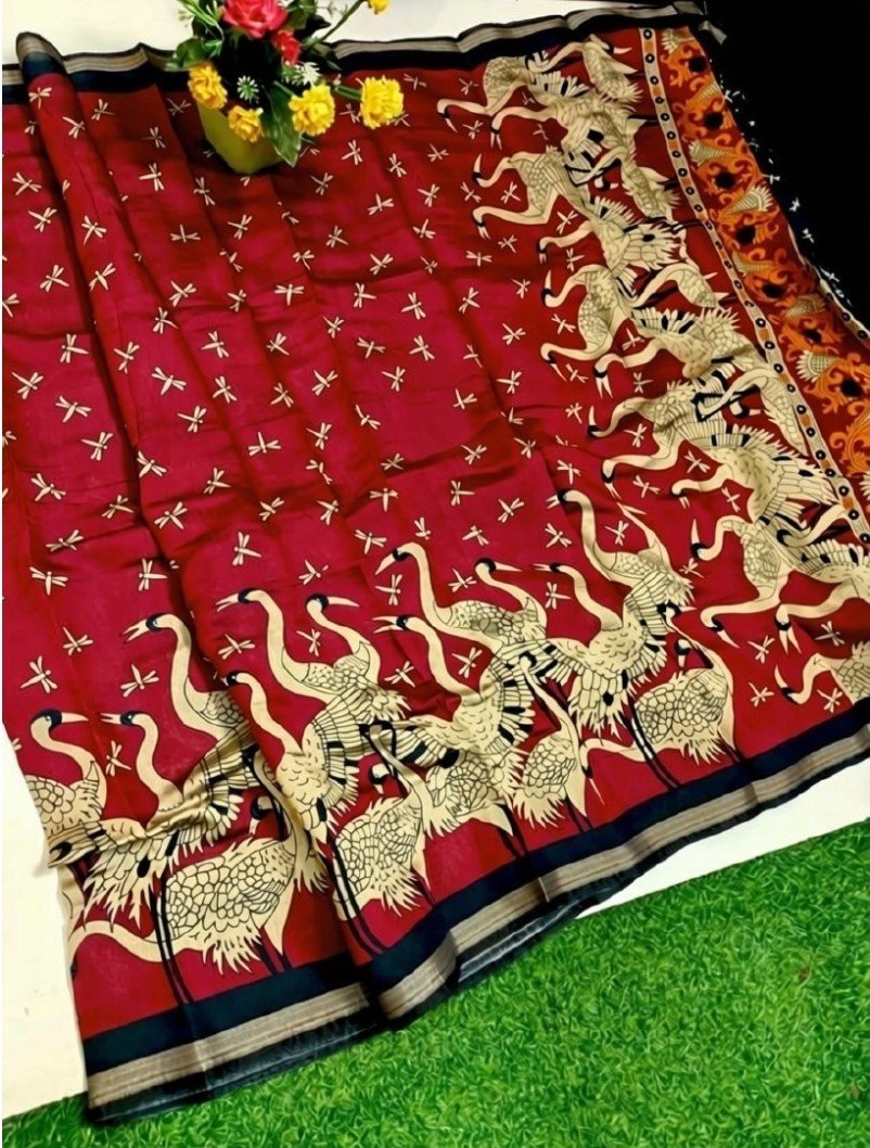 PID-68097-Women-s-Linen-Floral-Printed-Saree-With-Unstitched-Blouse-5-5-Mtr-Wine-1.jpg Women's Linen Kalamkari Printed Saree With Unstitched Blouse - 5.5 Mtr (Red-Navy Blue) - Image 1