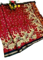 Women's Linen Kalamkari Printed Saree With Unstitched Blouse - 5.5 Mtr (Red-Navy Blue) - Image 2