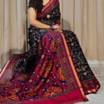 Women's Linen Printed Saree With Unstitched Blouse - 5.5 Mtr (Black-Pink)