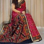 Women's Linen Printed Saree With Unstitched Blouse - 5.5 Mtr (Pink-Navy Blue)