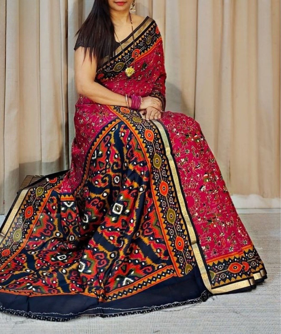 Bg Remover 8 - BSB253SAVYYYC592_M_PinkNavy_Main Women's Linen Printed Saree With Unstitched Blouse - 5.5 Mtr (Pink-Navy Blue) - Image 1