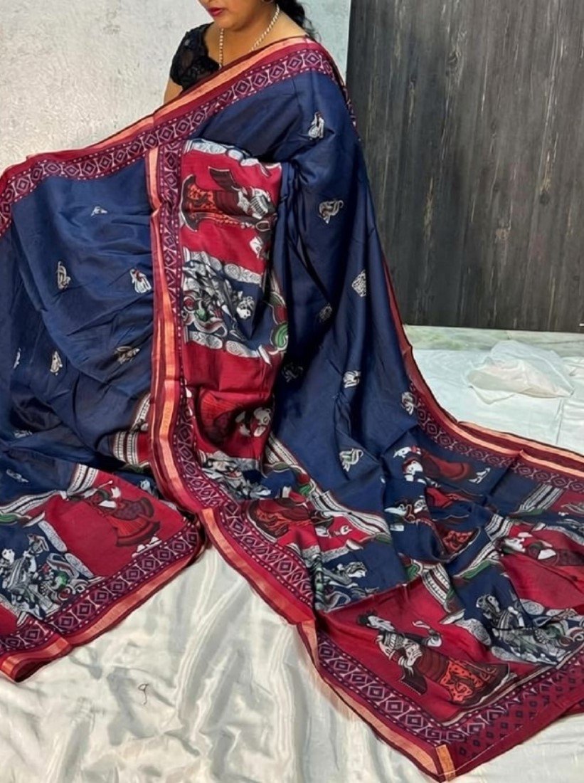 Bg Remover 8 - BSB253SAVYYYC593_M_NavyMaroon_Main Women's Linen Kalamkari Printed Saree With Unstitched Blouse - 5.5 Mtr (Navy Blue-Maroon) - Image 1
