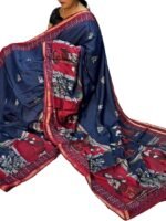 Women's Linen Kalamkari Printed Saree With Unstitched Blouse - 5.5 Mtr (Navy Blue-Maroon) - Image 2