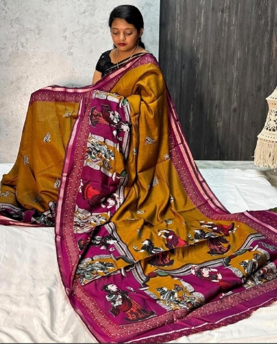 Bg Remover 8 - BSB253SAVYYYC593_M_YellowPink_Main Women's Linen Kalamkari Printed Saree With Unstitched Blouse - 5.5 Mtr (Mustard Yellow-Magenta) - Image 1