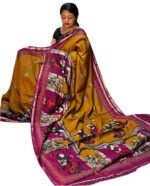 Women's Linen Kalamkari Printed Saree With Unstitched Blouse - 5.5 Mtr (Mustard Yellow-Magenta) - Image 2
