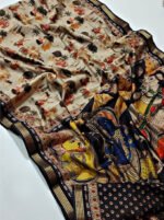 Women's Linen Kalamkari Printed Saree With Unstitched Blouse - 5.5 Mtr (Multicolor) - Image 3
