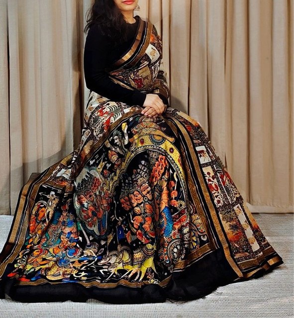 PID-68109-Women-s-Linen-Kalamkari-Printed-Saree-With-Unstitched-Blouse-5-5-Mtr-Navy-1.jpg Women's Linen Kalamkari Printed Saree With Unstitched Blouse - 5.5 Mtr (Multicolor) - Image 1
