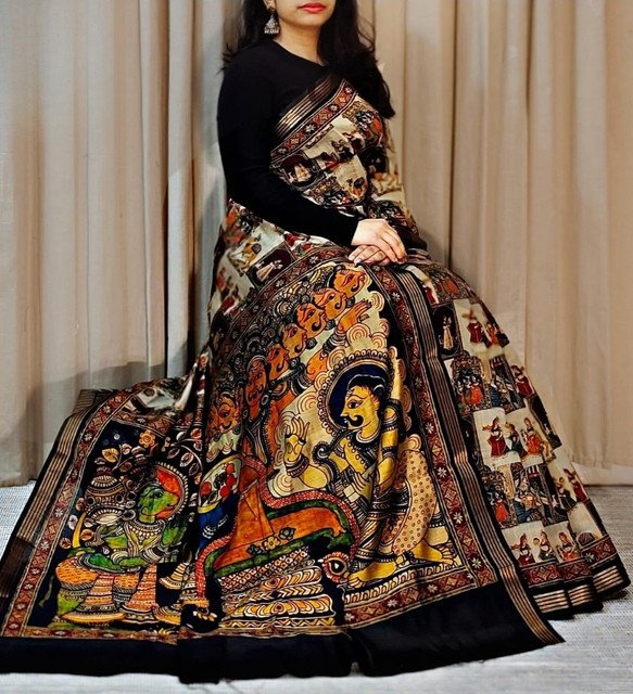 PID-68110-Women-s-Linen-Kalamkari-Printed-Saree-With-Unstitched-Blouse-5-5-Mtr-Black-1.jpg Women's Linen Kalamkari Printed Saree With Unstitched Blouse - 5.5 Mtr (Multicolor) - Image 1