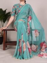 Women's Georgette Floral Printed Saree With Unstitched Blouse - 5.5 Mtr (Aqua Blue)