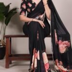 Women's Georgette Floral Printed Saree With Unstitched Blouse - 5.5 Mtr (Black)