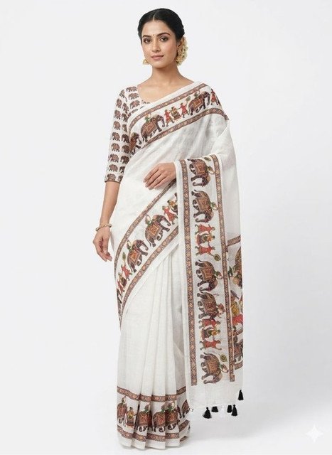 Bg Remover 8 - BSB253SAVYYYC597_White_Main Women's Linen Kalamkari Saree With Unstitched Blouse - 5.5 Mtr (White) - Image 1