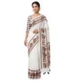 Women's Linen Kalamkari Saree With Unstitched Blouse - 5.5 Mtr (White) - Image 2
