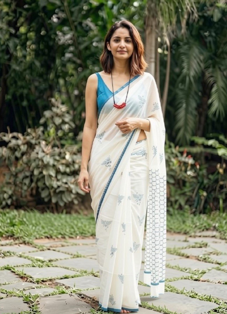 Bg Remover 8 - BSB253SAVYYYC599_WhiteRama_Main Women's Linen Printed Saree With Unstitched Blouse - 5.5 Mtr (White-Blue) - Image 1