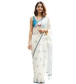 Women's Linen Printed Saree With Unstitched Blouse - 5.5 Mtr (White-Blue) - Image 2