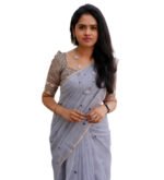 Women's Linen Striped Saree With Unstitched Blouse - 5.5 Mtr (Grey) - Image 2