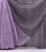 Women's Linen Striped Saree With Unstitched Blouse - 5.5 Mtr (Purple)