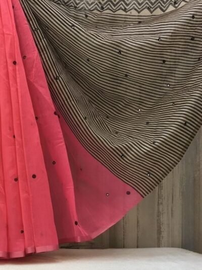 Women's Linen Striped Saree With Unstitched Blouse - 5.5 Mtr (Pink)