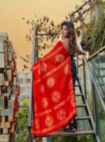 Women's Linen Printed Saree With Unstitched Blouse - 5.5 Mtr (Teal-Orange) - Image 3