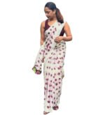 Women's Linen Printed Saree With Unstitched Blouse - 5.5 Mtr (White-Wine) - Image 2