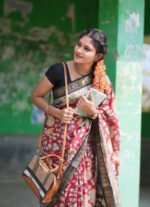 Women's Linen Floral Printed Saree With Unstitched Blouse - 5.5 Mtr (Maroon) - Image 5