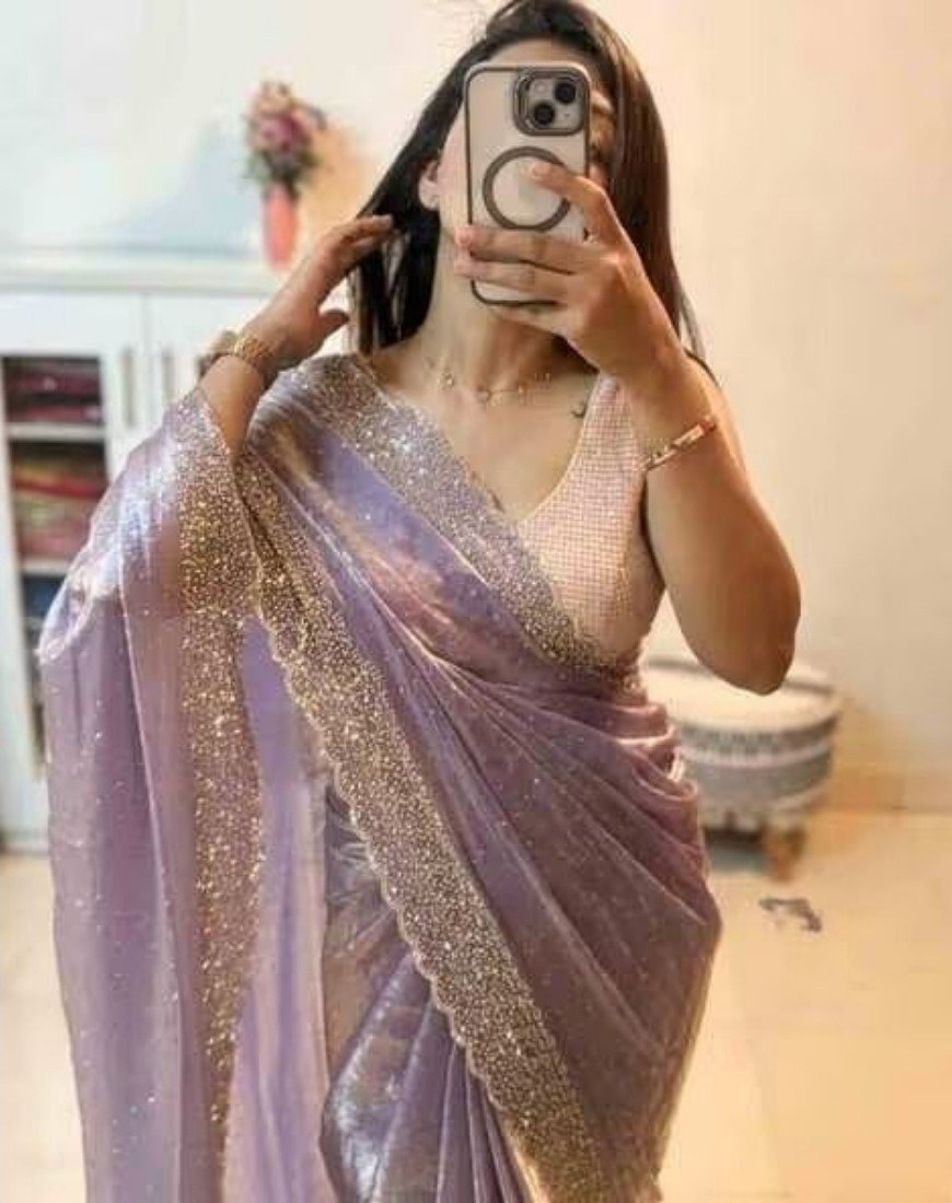 Bg Remover 8 - BSB253SAVYYYC609_Lavender_Main Women's Fendy Chiffon Embellished Saree With Unstitched Blouse - 5.5 Mtr (Lavender) - Image 1