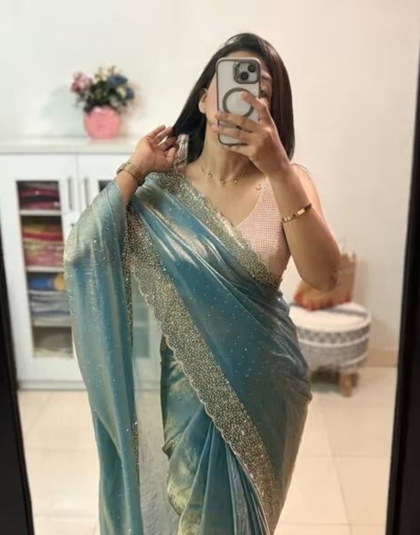 Bg Remover 8 - BSB253SAVYYYC609_Rama_Main Women's Fendy Chiffon Embellished Saree With Unstitched Blouse - 5.5 Mtr (Sea Green) - Image 1