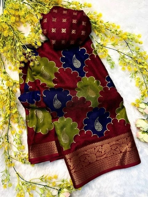 PID-68138-Women-s-Dola-Silk-Floral-Printed-Saree-With-Unstitched-Blouse-5-5-Mtr-Brown-1.jpg Women's Dola Silk Kalamkari Floral Printed Saree With Unstitched Blouse - 5.5 Mtr (Multicolor) - Image 1