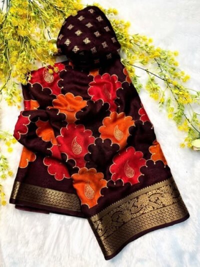Women's Dola Silk Kalamkari Floral Printed Saree With Unstitched Blouse - 5.5 Mtr (Multicolor)